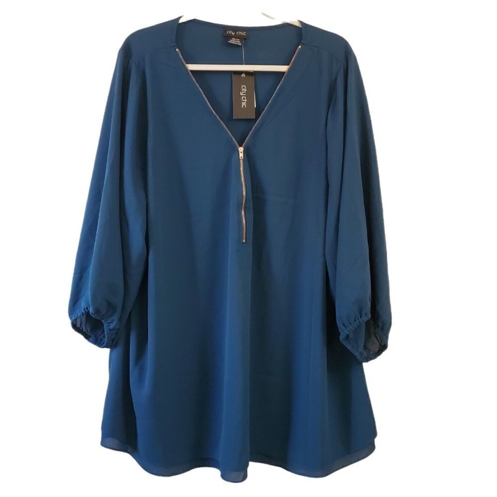 City Chic Blouse XXL Teal Blue Sexy Fling Zip Front 3/4 Sleeve Top‎ Relaxed NWT